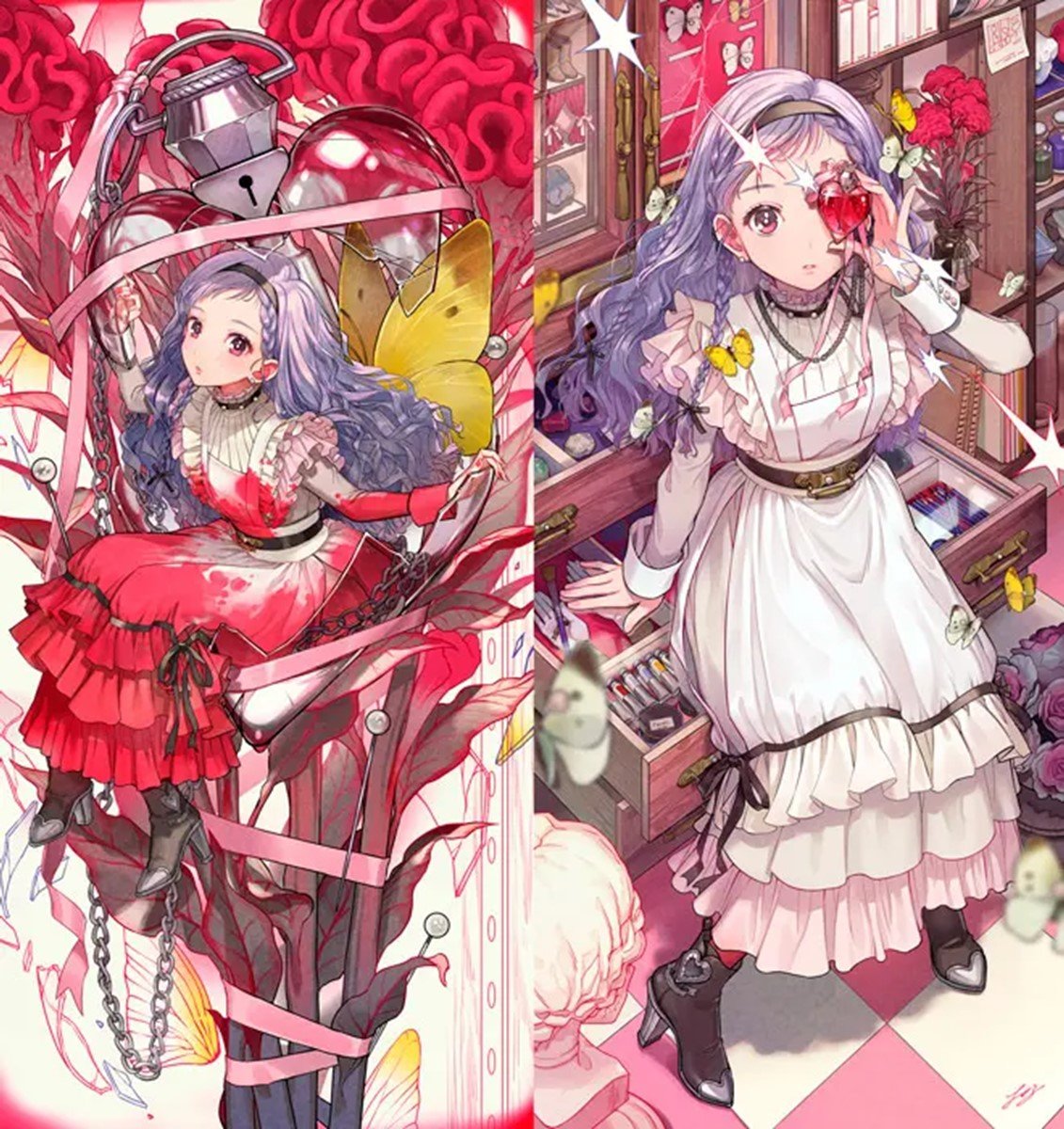 個展で展示されるチェリ子さんのオリジナル作品。「印矩の国のアリス」(左)と「蒐集の国のアリス」(右)