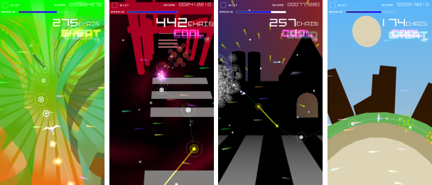 プレイ画面のスクリーンショット。左から、「マトリョシカ」「結ンデ開イテ羅刹ト骸」「Mrs.Pumpkinの滑稽な夢」「ワンダーランドと羊の歌」