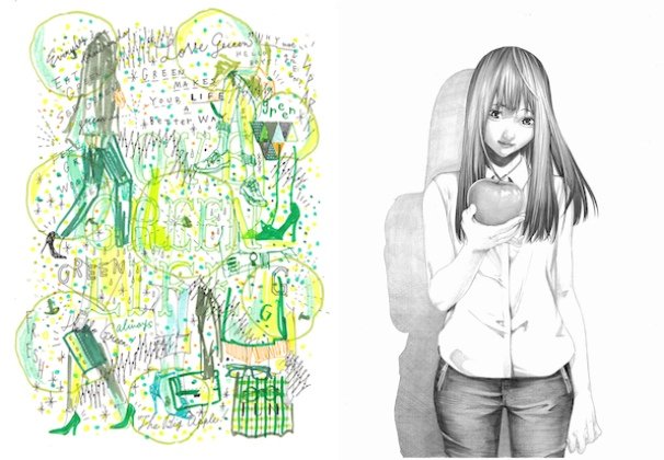 左:「GREEN MAKES LIFE BETTER」(関根正悟さん作) 右:「林檎齧り系女子」(大野そらさん作)