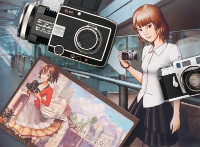「ローライフレックスSL66」（上）、「コニカⅢA」（右）と『クラシックカメラ少女』（下）