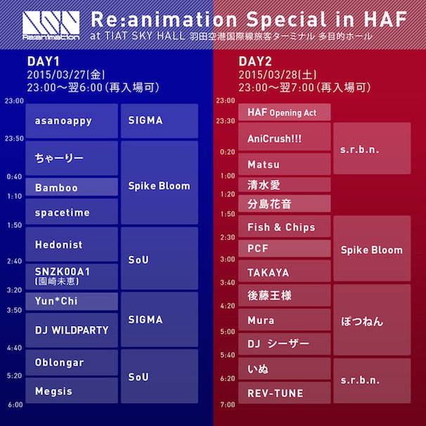「Re:animation Special in HAF」タイムテーブル（画像は公式サイトより）／（C）2010-2015 Re:animation