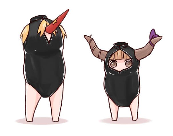 「鬼達に例の競泳水着を着せてみた」（バッタさん画・画像はニコニコ静画より）