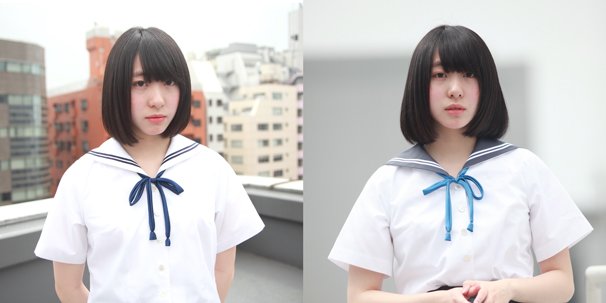 左：「つけかえ制服」白襟＋専用ブラウス　右：「つけかえ制服」灰襟＋専用ブラウス／（c）つけかえ制服