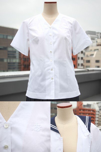 上：ブラウス全体、左下：ひらがな刺繍部分、右下：襟付け替え部分／（c）つけかえ制服