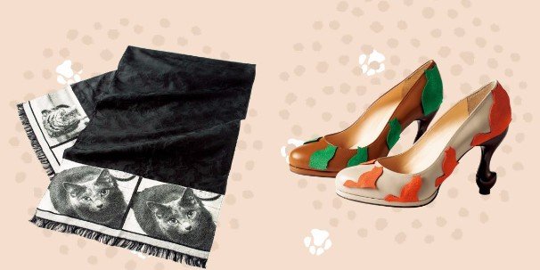 左：＜岡村織物＞シルクジャカードストールオーダー（59,400円）　右：＜ちゃけちょけ＞ネコパンプス セミオーダー （各23,544円）