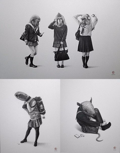 上「三猿女子（Three wise monkey girls）」、左下「海亀女子（Sea turtle girl）」、右下「鎧鼠女子（Armadillo girl）」