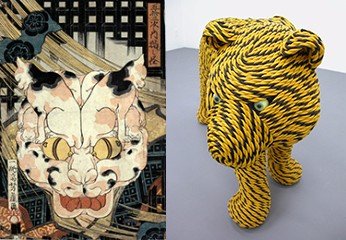 左：歌川芳藤『五拾三次之内猫之怪』　右：岡本光博『虎縄文』／青森県立美術館Webサイトより