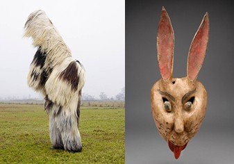 左：シャルル・フレジェ『WILDER MANN, バブゲリ〈ブルガリア / バンスコ〉』　右：『舞踏用仮面（兎） メキシコ合衆国』国立民族学博物館蔵／青森県立美術館Webサイトより