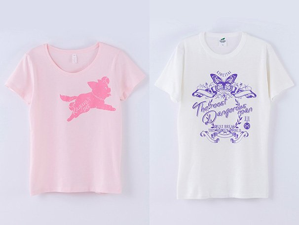 左：神楽定春シルエットTシャツ／右：高杉英語ロゴTシャツ