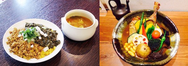 左・般°若「キーマ2種に、スパイススープ付！」、右・スープカレーポニピリカ「煮込みチキンのスープカレー」