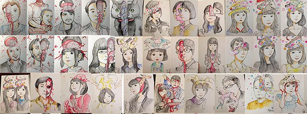 頭部が爆発したり切り取られたりしているような画風で描く「特殊似顔絵」