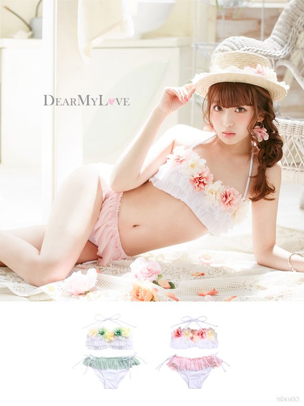 ティアードフリル×フラワーコサージュ 花びらビキニ 水着2点セット