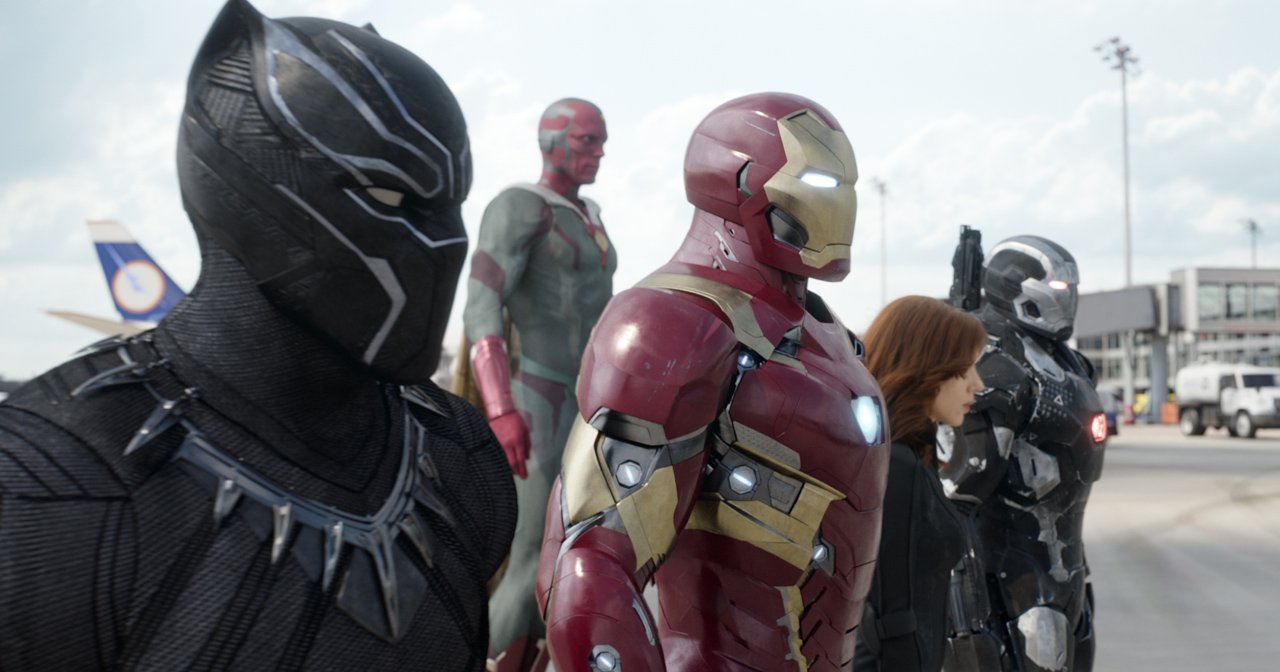 Marvel&#039;s Captain America: Civil War L to R: Black Panther/T&#039;Challa (Chadwick Boseman), Vision (Paul Bettany), Iron Man/Tony Stark (Robert Downey Jr.), Black Widow/Natasha Romanoff (Scarlett Johansson), and War Machine/James Rhodey (Don Cheadle). Photo Credit: Film Frame © Marvel 2016