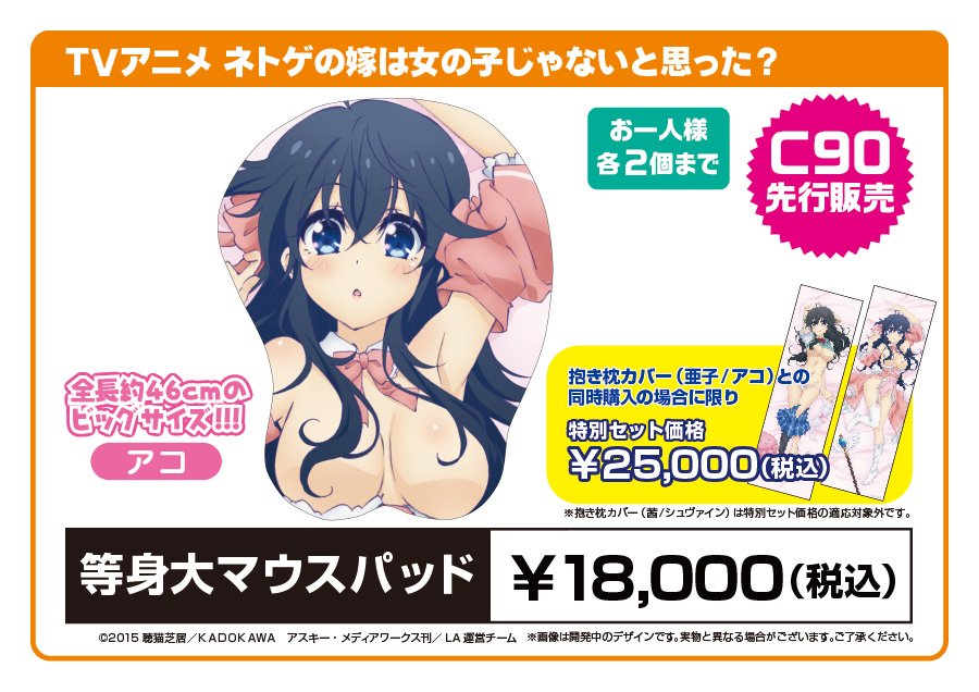 【C90】夏コミ企業ブース【No.1333】メディコス・エンタテインメント 『ネトゲの嫁は女の子じゃないと思った？』等身大立体マウスパッド