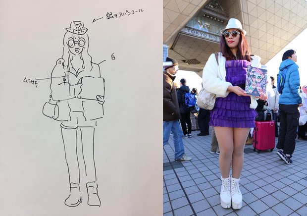 目撃した人が描いてくれたイラストと叶美香のコスプレをしたコスプレイヤーの比較画像