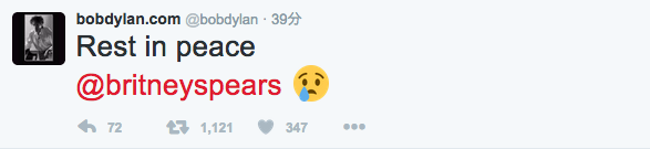ボブ・ディラン公式Twitterアカウントでもブリトニー・スピアーズの訃報をツイート/画像は@bobdylanからのスクリーンショット