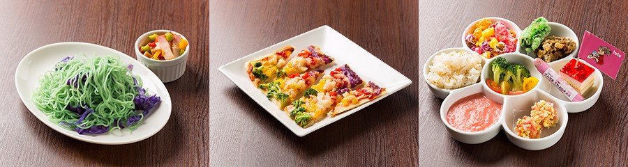 （左から）カメレオン焼きそば、カラフルサインペンピザ、ルルプレート（ドリンク付）