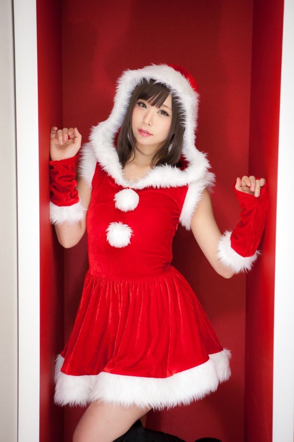 「五木あきらプロデュース日本一可愛いサンタコス」[3点セット]フード付ファーポンポンノースリAラインミニドレス