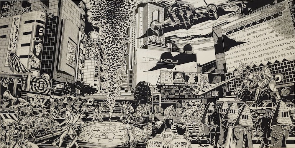 『人外交差点』2013年 木版画 (c)Sachiko Kazama  Courtesy of Mori Art Museum