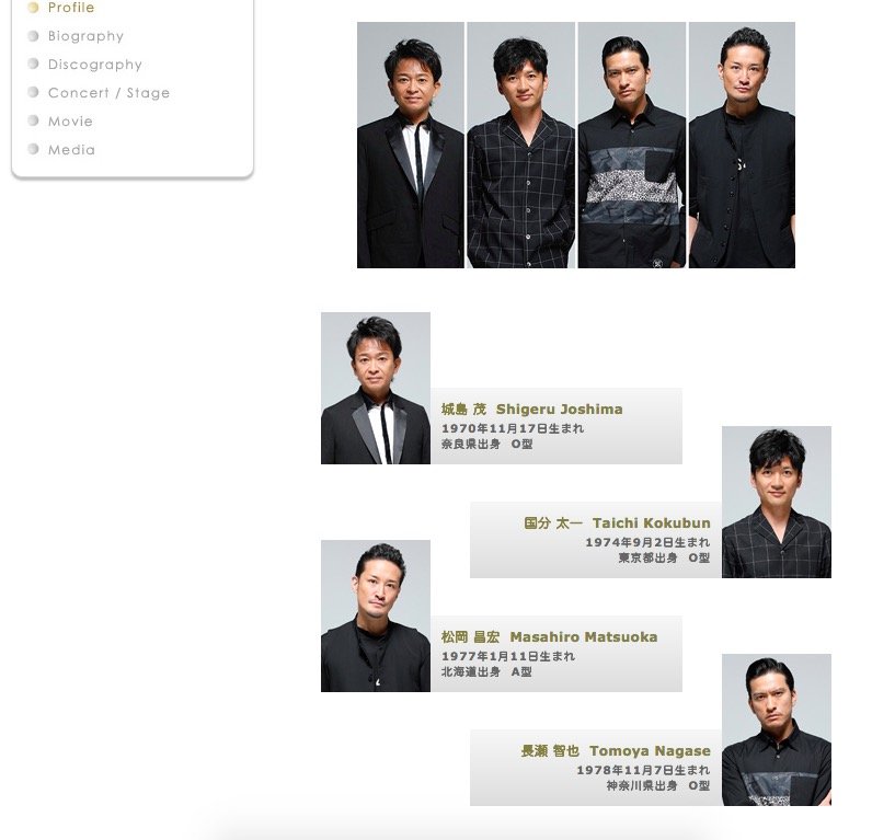 ジャニーズ公式サイトのTOKIOページ