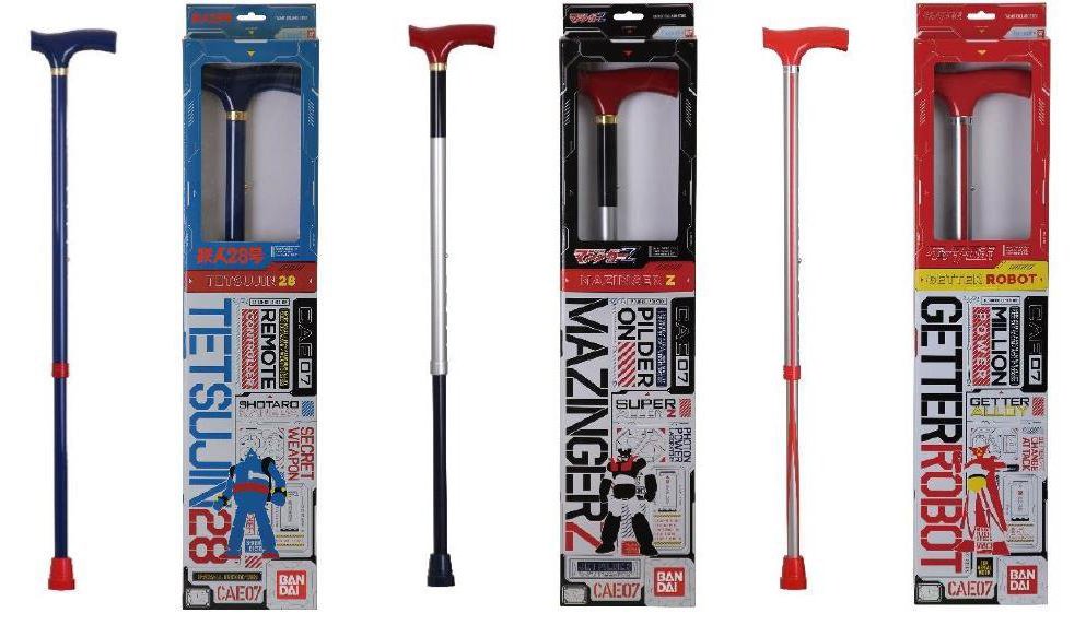 『テイコブコラボステッキ』左から「鉄人28号」「マジンガーZ」「ゲッターロボ」モデル