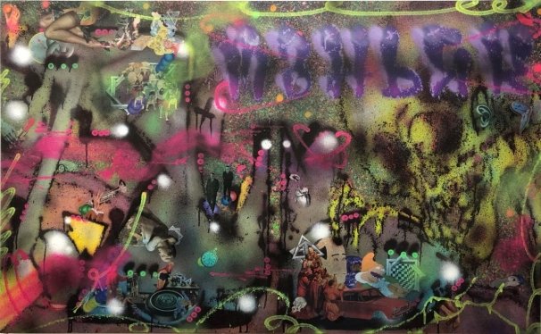 岡本奇太郎×snipe1「Untitled」ボードに紙、のり、スプレー, 130×80cm, 2018