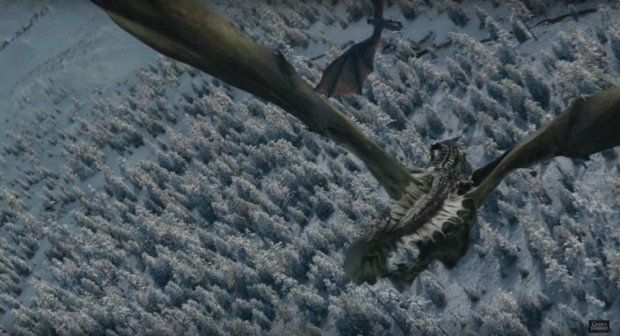 ウィンターフェルを舞うドラゴン／画像は「Game of Thrones | Season 8 | Official Trailer (HBO)」より