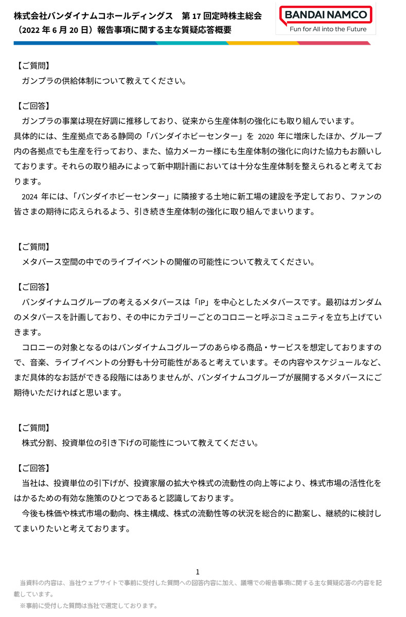 株式会社バンダイナムコホールディングス第17回定時株主総会（2022年6月20日）報告事項に関する主な質疑応答概要1