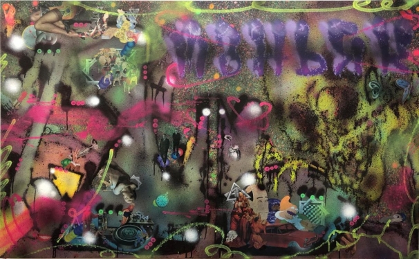 岡本奇太郎×snipe1「Untitled」ボードに紙、のり、スプレー, 130×80cm, 2018
