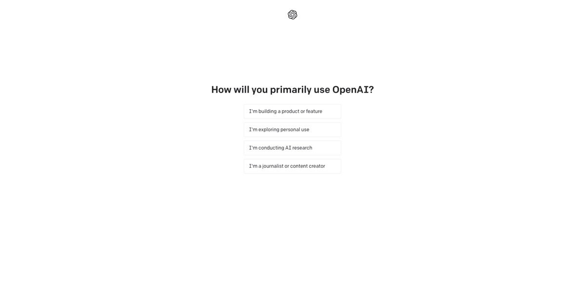 「How will you primarily use OpenAI?」／「ChatGPT」のログイン画面／画像は「OpenAI」公式サイトのスクリーンショット