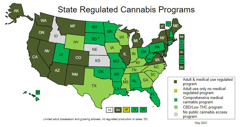 アメリカにおける各州の大麻規制レベルをあらわした図／画像は全米州議会議員連盟サイトのスクリーンショット