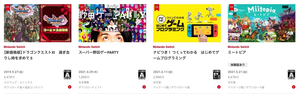 Nintendo Switch 2021年 上半期ダウンロードランキング