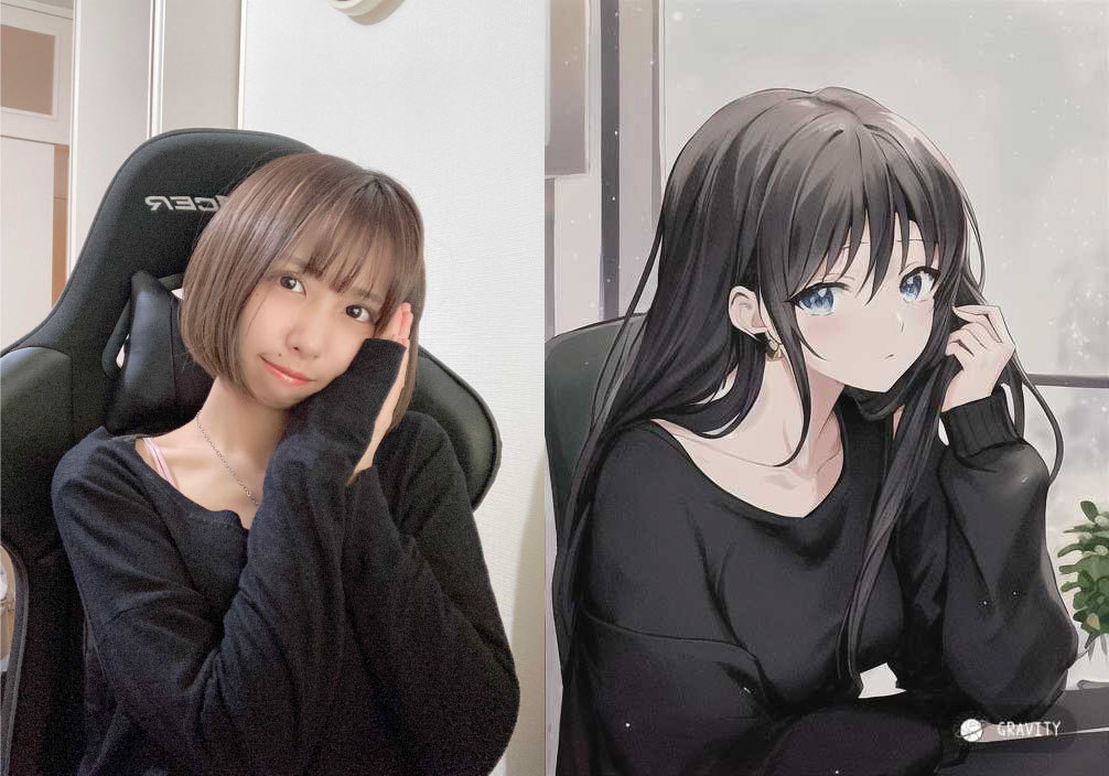 かよちゃん（左：元写真、右：「GRAVITY」で漫画・アニメ風にしたイラスト）／右画像は「GRAVITY」より
