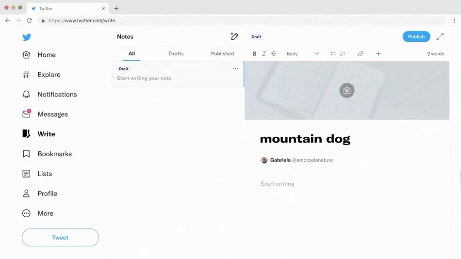 Twitter NotesのUI／画像はTwitter WriteのGIF画像のスクリーンショット
