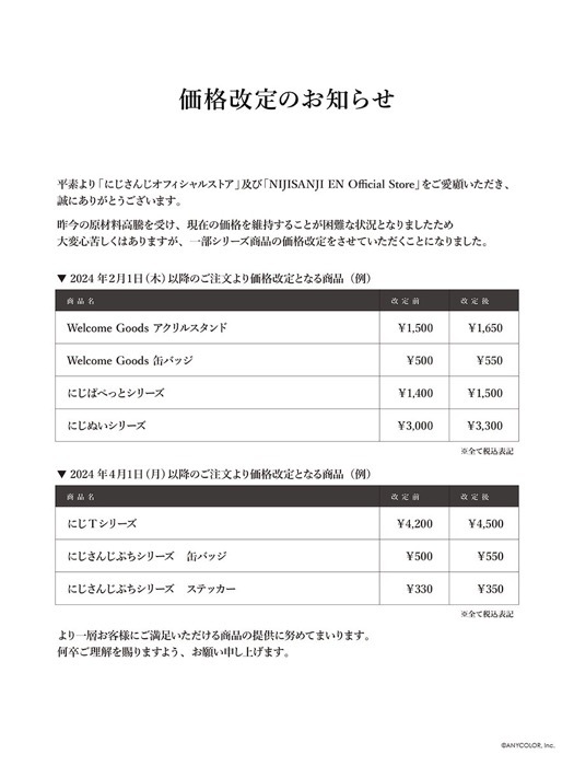 にじさんじオフィシャルストアの価格改定表