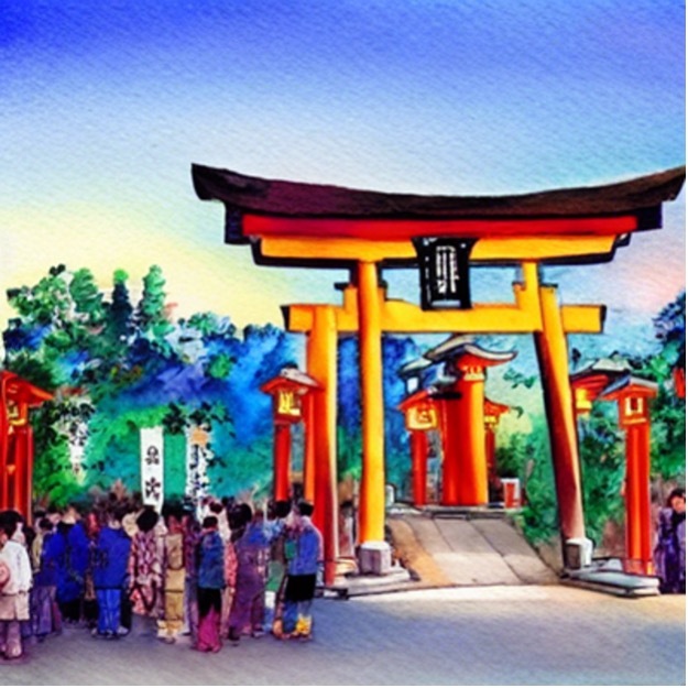 「夕暮れの神社の夏祭りを描いた水彩画」で生成