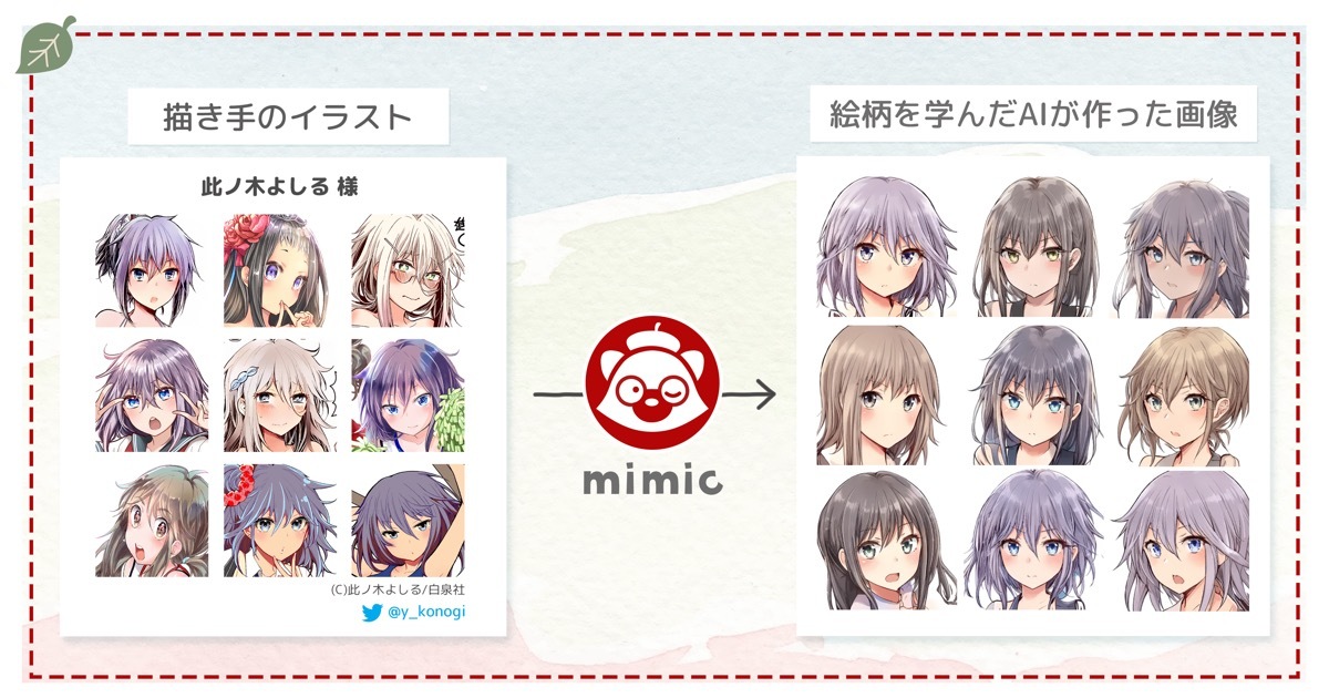 「mimic」で学習した画像と生成した画像の比較画像（イラストレーター：此ノ木よしる）