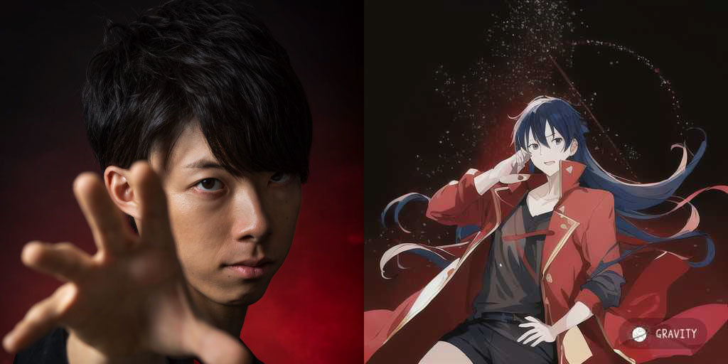 都築陵佑（左：元写真、右：「GRAVITY」で漫画・アニメ風にしたイラスト）／右画像は「GRAVITY」より