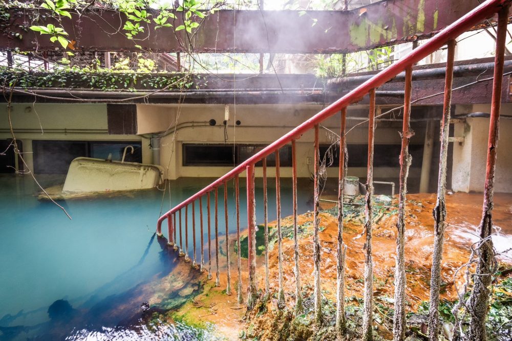 手すりに植物が巻きつき、温泉からは湯気が立つ一枚